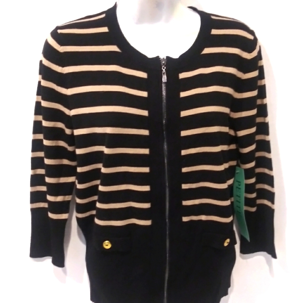 Spense Striped Sweater Petite Medium Full Zip NWT.